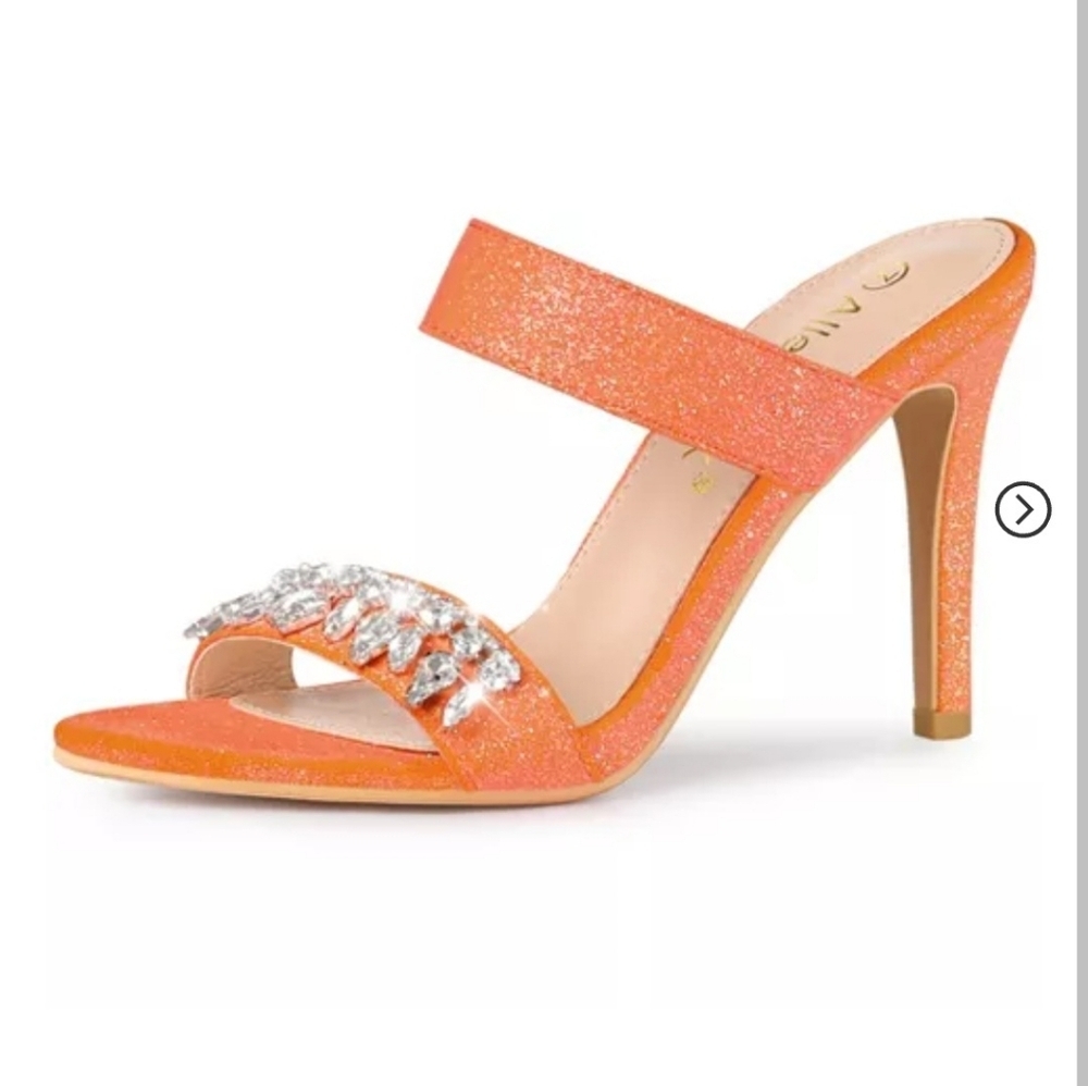Allegra K Glitter Rhinestone Stiletto heel slip on Open Toe sandals Orange 7